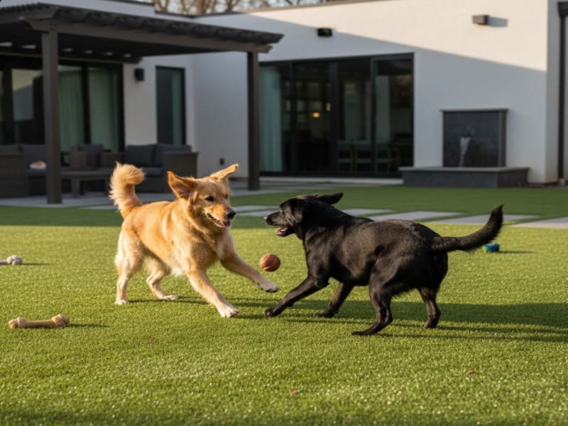 Cross-section diagram of pet turf drainage system showing sub-base layers